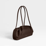 JONES + CO Oyster shoulder bag in espresso brown pebbled leather with long slender straps and a structured silhouette.