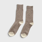 JONES + CO fawn cashmere blend socks with wide ribbing and contrasting cream heel and toe details.