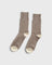 JONES + CO fawn cashmere blend socks with wide ribbing and contrasting cream heel and toe details.