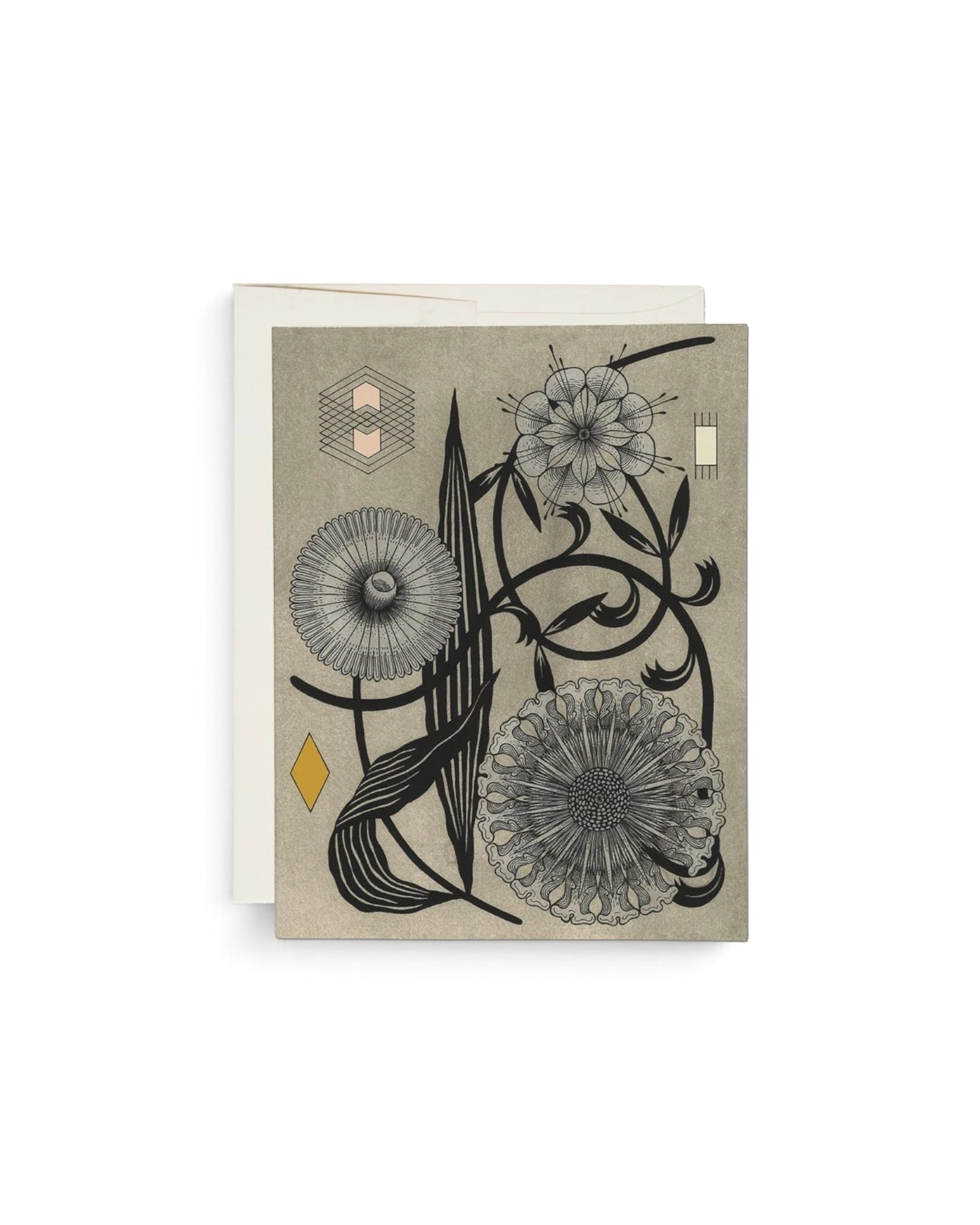JONES + CO Floral Geometry greeting card with black ink botanical illustrations and gold foil accents on heavy paper.