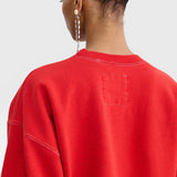 JONES + CO Rachel Comey Fond cherry red crewneck sweatshirt with drop shoulders and raw edge detailing on back