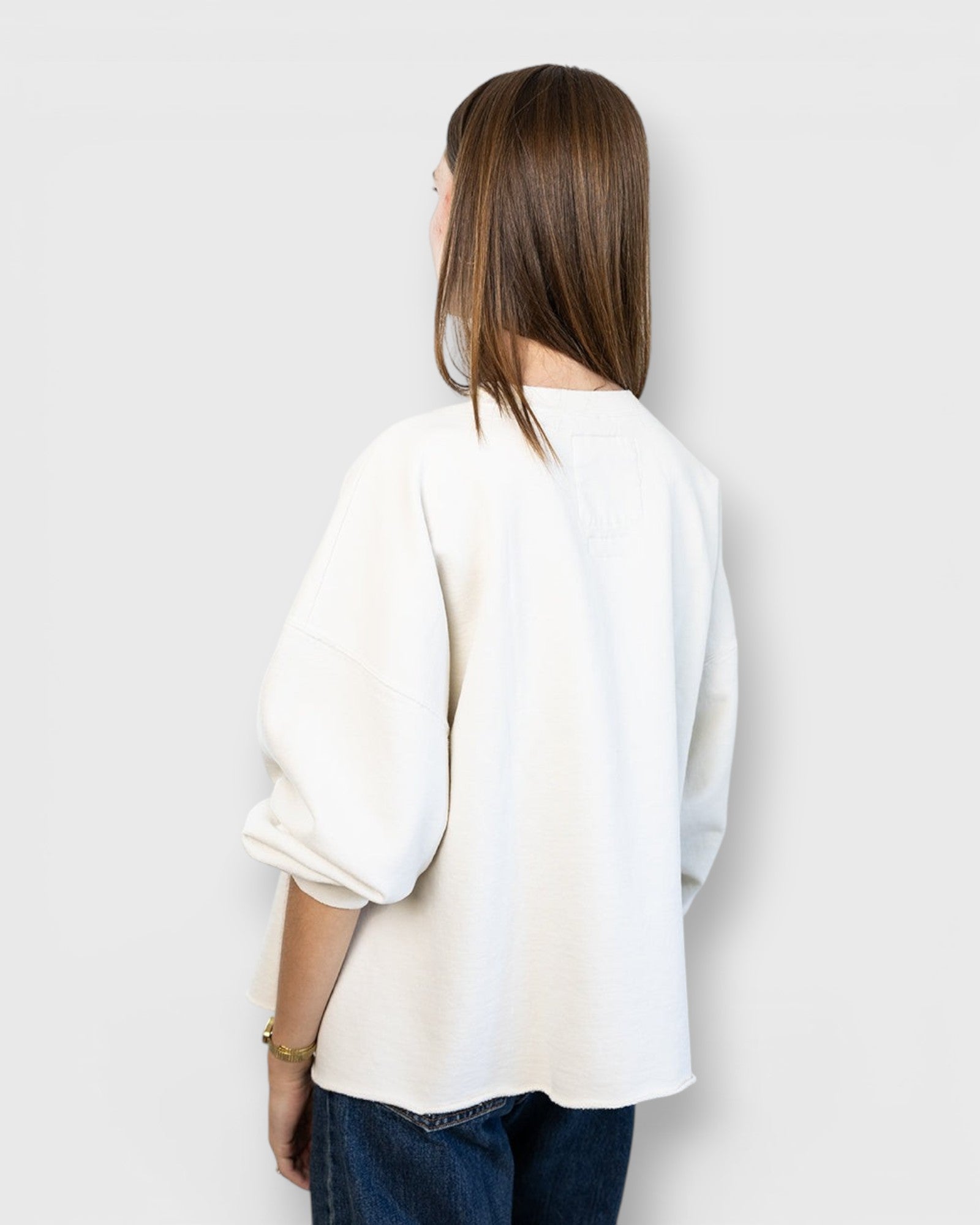 JONES + CO Rachel Comey Fond sweatshirt in dirty white with drop shoulders and raw edge hem, back view