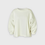 JONES + CO Rachel Comey Fond crewneck sweatshirt in dirty white with drop shoulders and raw edge hemline.