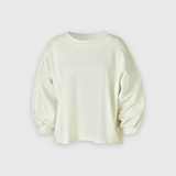 JONES + CO Rachel Comey Fond crewneck sweatshirt in dirty white with drop shoulders and raw edge hemline.
