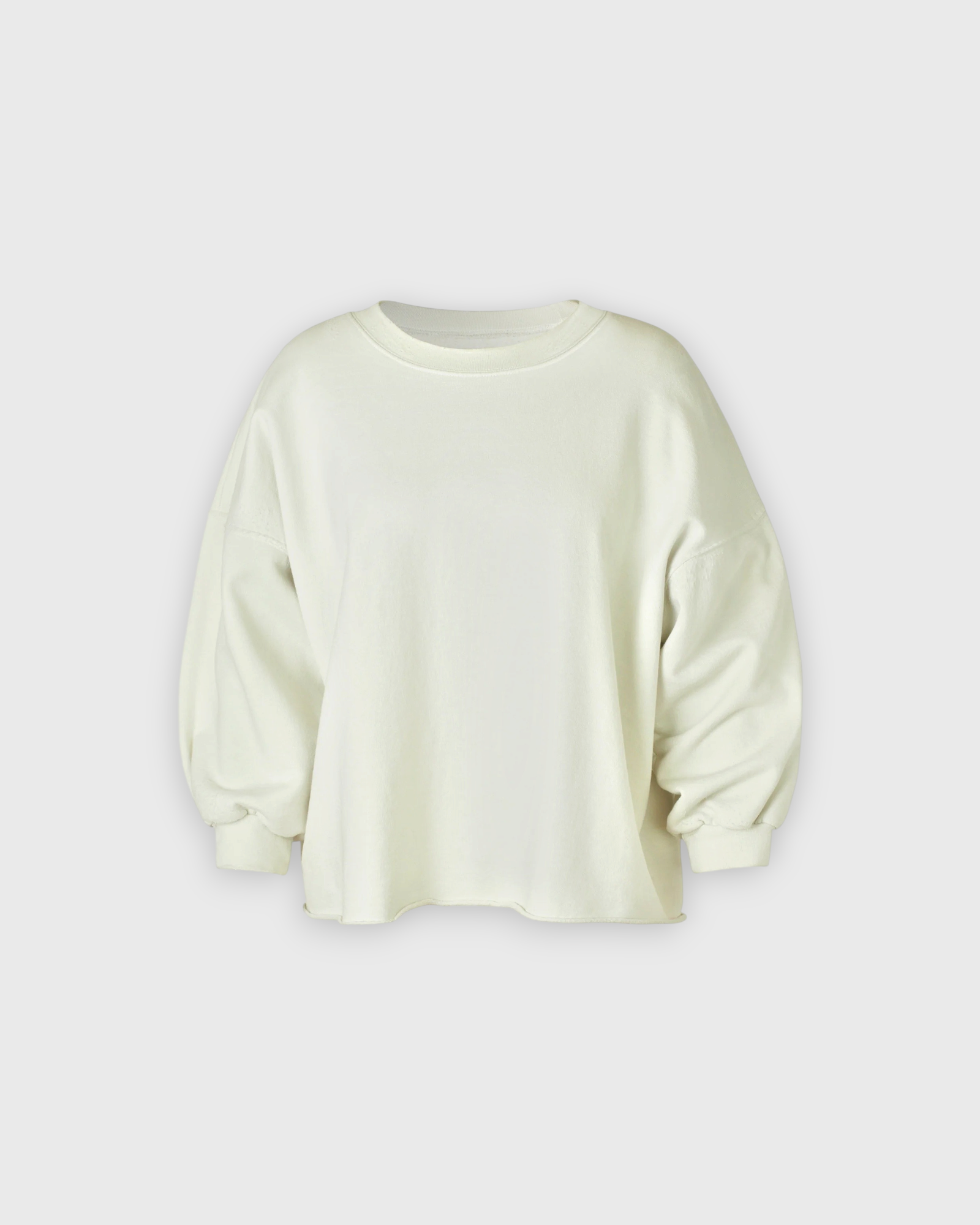JONES + CO Rachel Comey Fond crewneck sweatshirt in dirty white with drop shoulders and raw edge hemline.