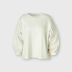 JONES + CO Rachel Comey Fond crewneck sweatshirt in dirty white with drop shoulders and raw edge hemline.