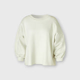 JONES + CO Rachel Comey Fond crewneck sweatshirt in dirty white with drop shoulders and raw edge hemline.