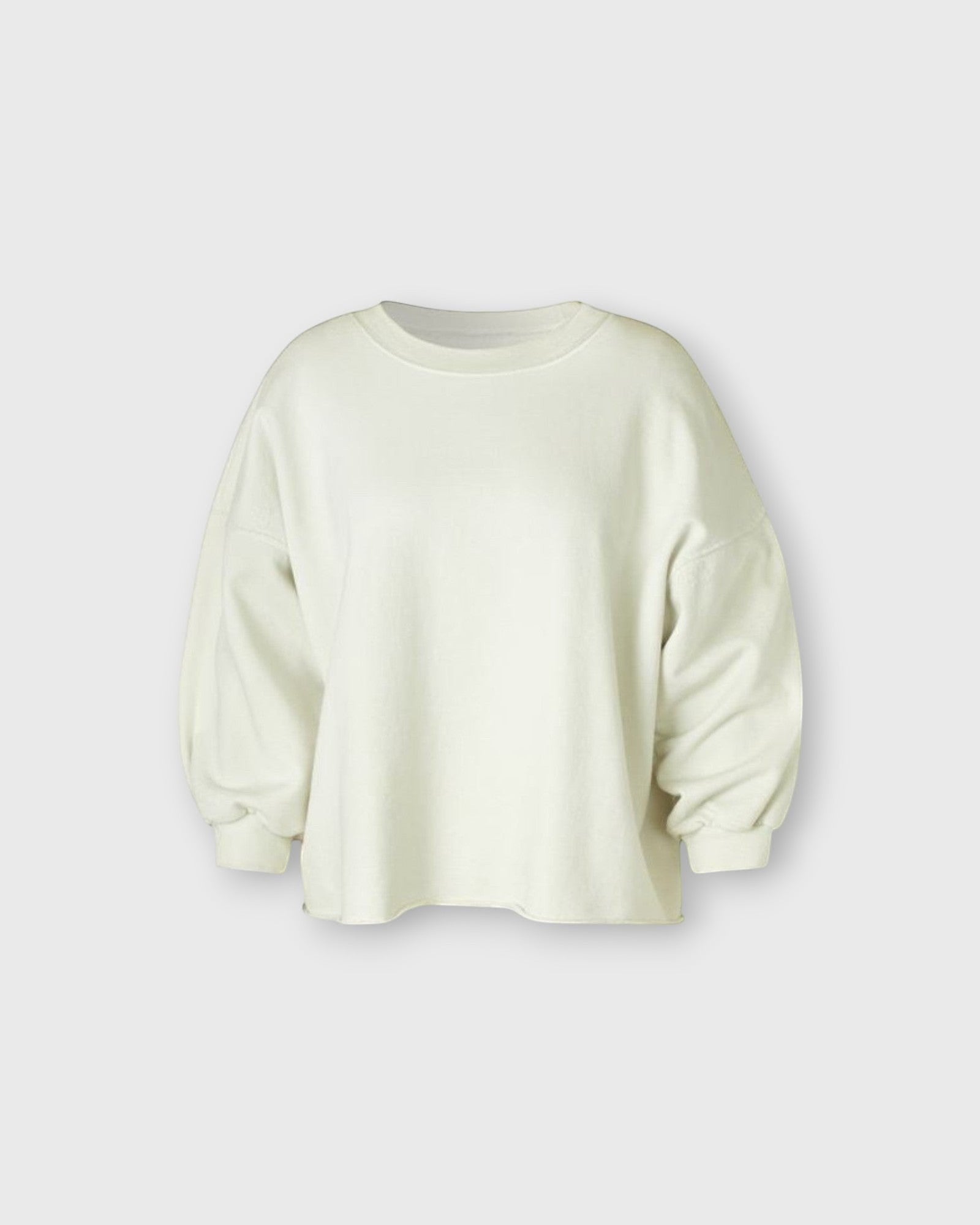JONES + CO Rachel Comey Fond crewneck sweatshirt in dirty white with drop shoulders and raw edge hemline.
