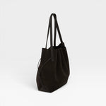 JONES + CO Scallop Tote in dark brown ganache suede with a spacious design and long shoulder straps