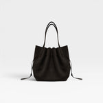 JONES + CO Scallop Tote in rich ganache brown suede with a gathered drawstring design and slim shoulder straps.