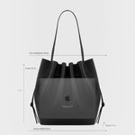 JONES + CO Scallop Tote in ganache suede with drawstring closure and dimensions showing laptop capacity