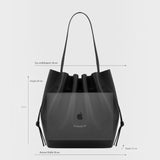 JONES + CO Scallop Tote in ganache suede with drawstring closure and dimensions showing laptop capacity