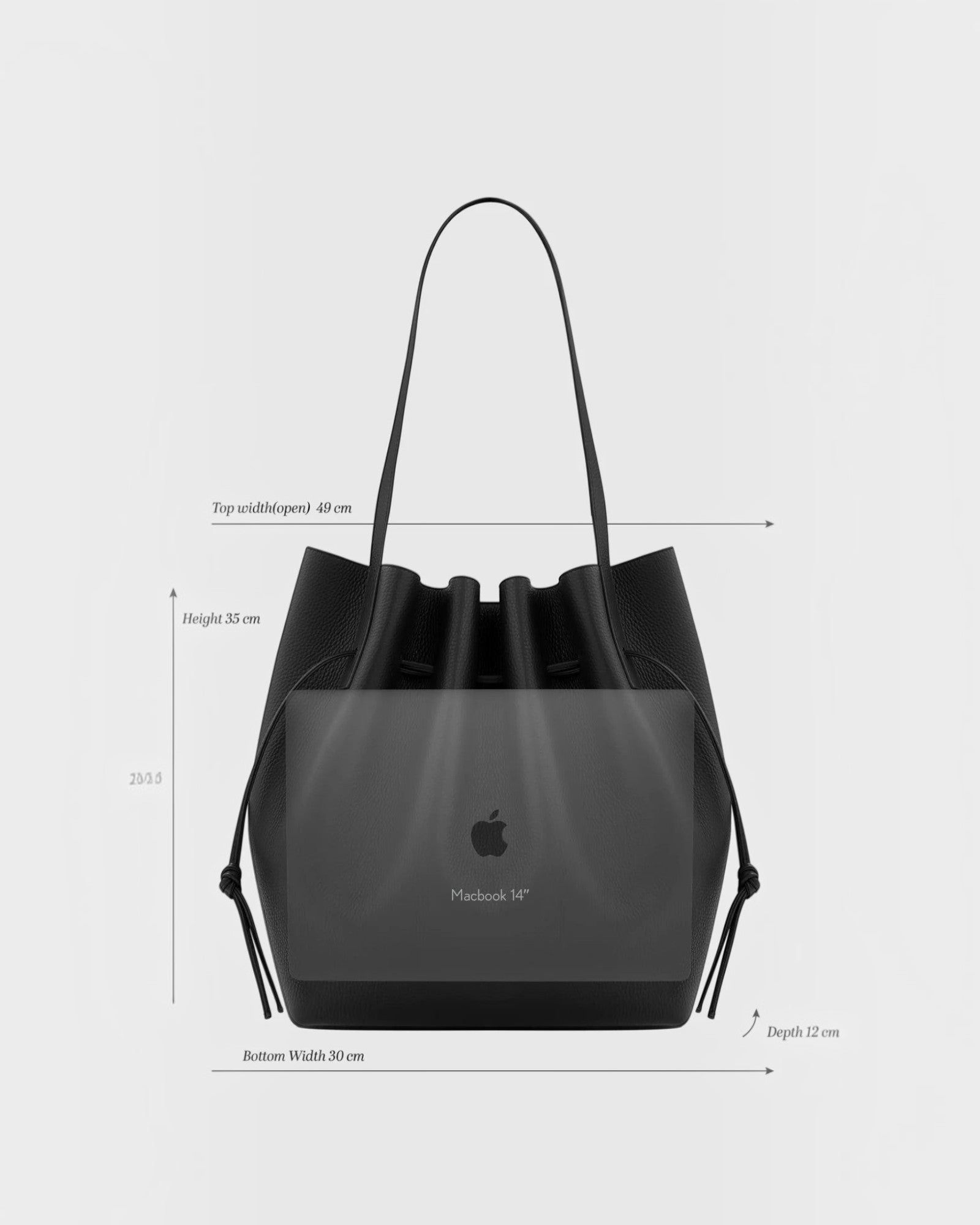 JONES + CO Scallop Tote in ganache suede with drawstring closure and dimensions showing laptop capacity