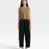 JONES + CO ginger boucle crop tank top with hand crochet edge detail worn by a model with black trousers