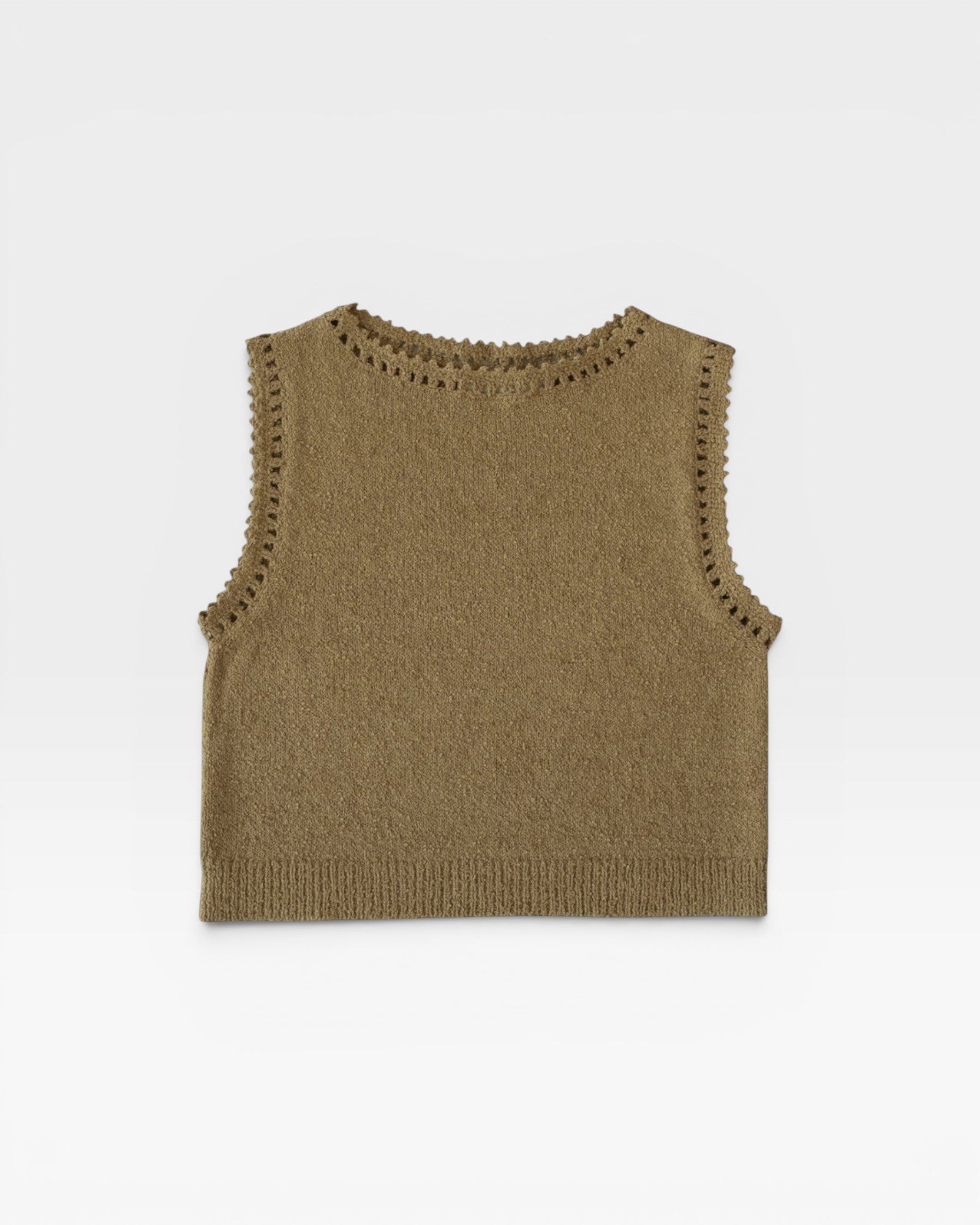 JONES + CO ginger boucle crop tank with feminine hand crochet edge detail on the neckline and armholes