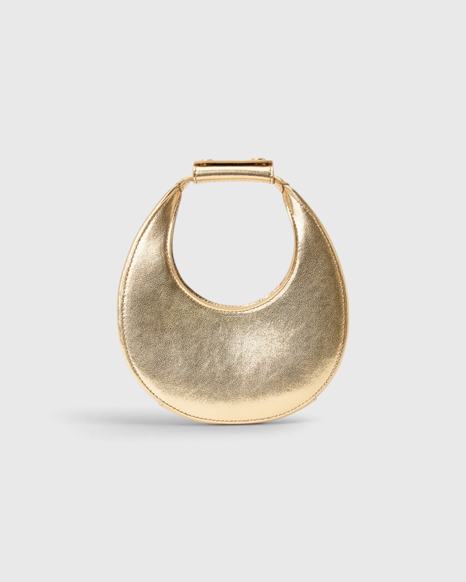 JONES + CO Good Night Moon evening bag in polished gold with a crescent jewel-box silhouette and top handle
