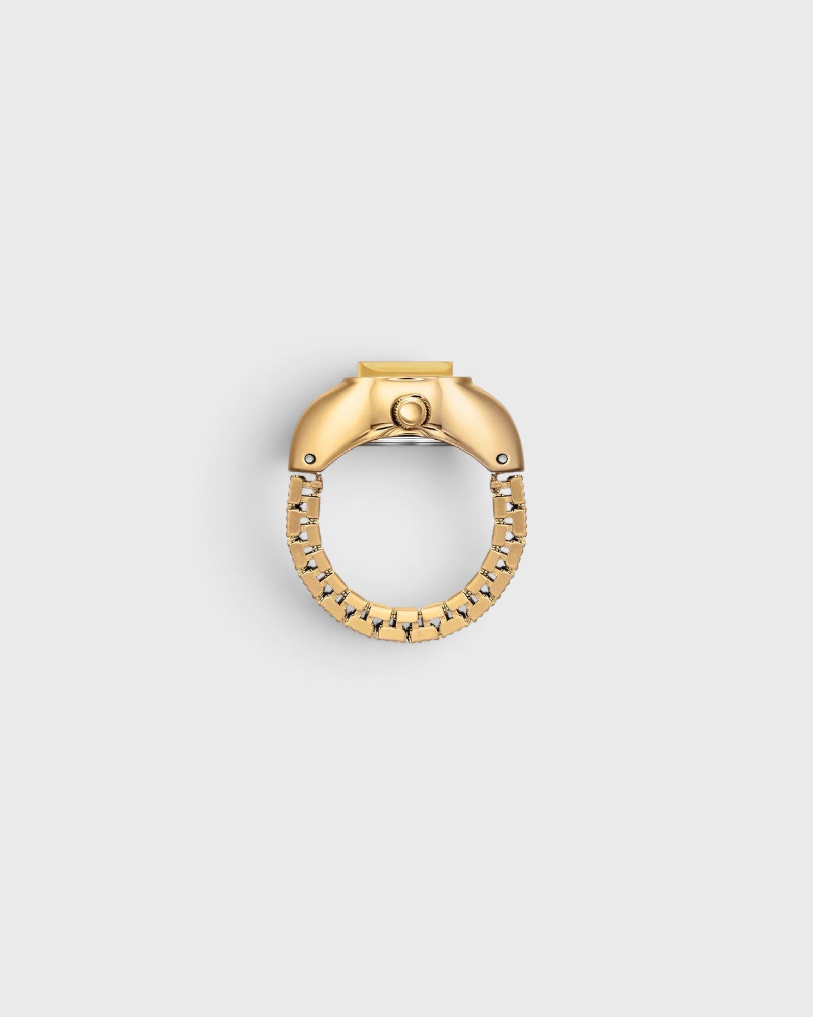JONES + CO Nocturne Time Ring featuring an 18K gold-plated stainless steel expandable band and rectangular case.