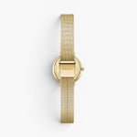 JONES + CO Beverly gold mesh watch with a tapered woven bracelet and secure quick release clasp, back view.