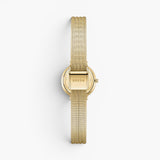 JONES + CO Beverly gold mesh watch with a tapered woven bracelet and secure quick release clasp, back view.