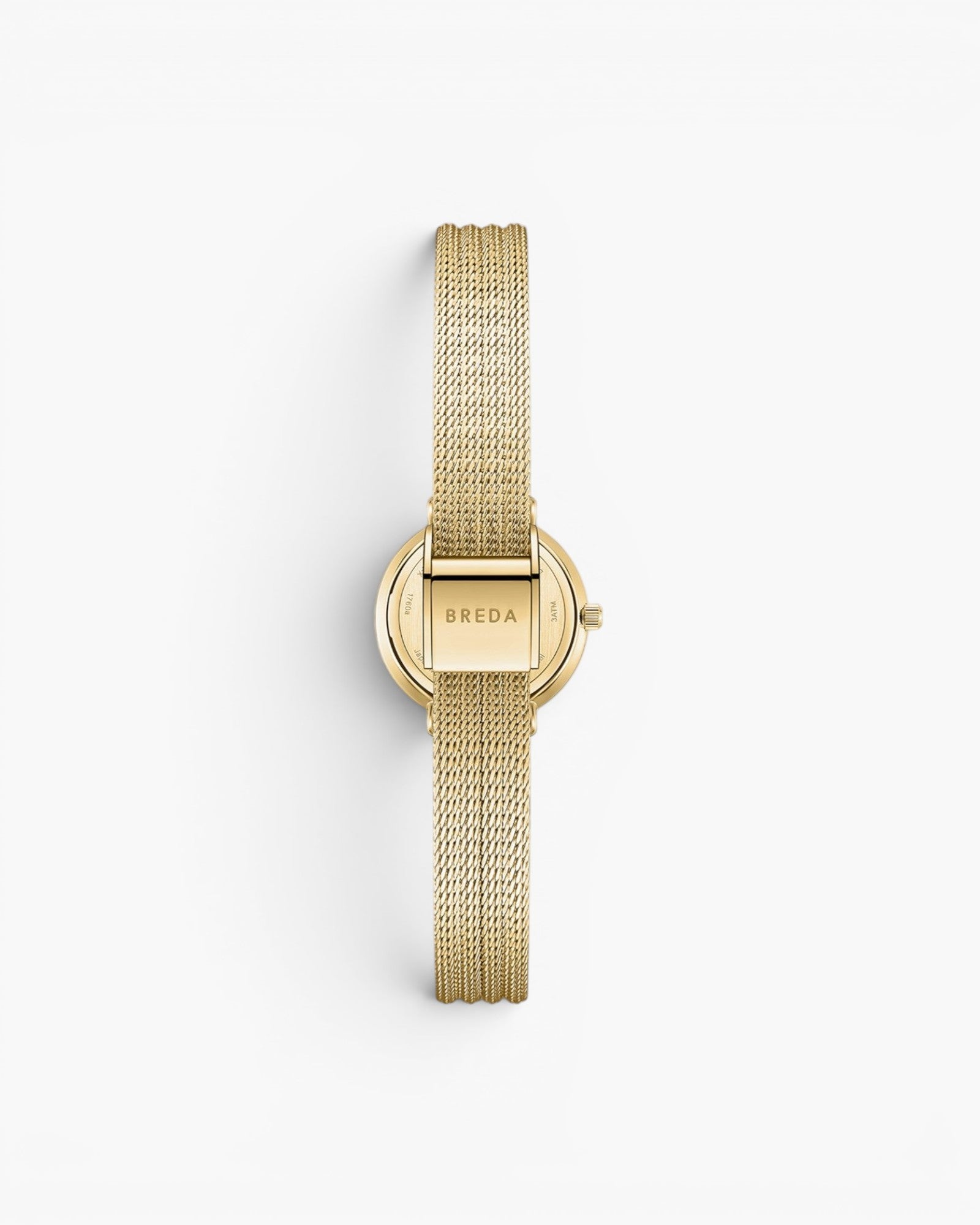 JONES + CO Beverly gold mesh watch with a tapered woven bracelet and secure quick release clasp, back view.
