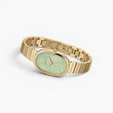 JONES + CO Jane watch featuring a gold-plated stainless steel oval case and bracelet with a mint green dial.