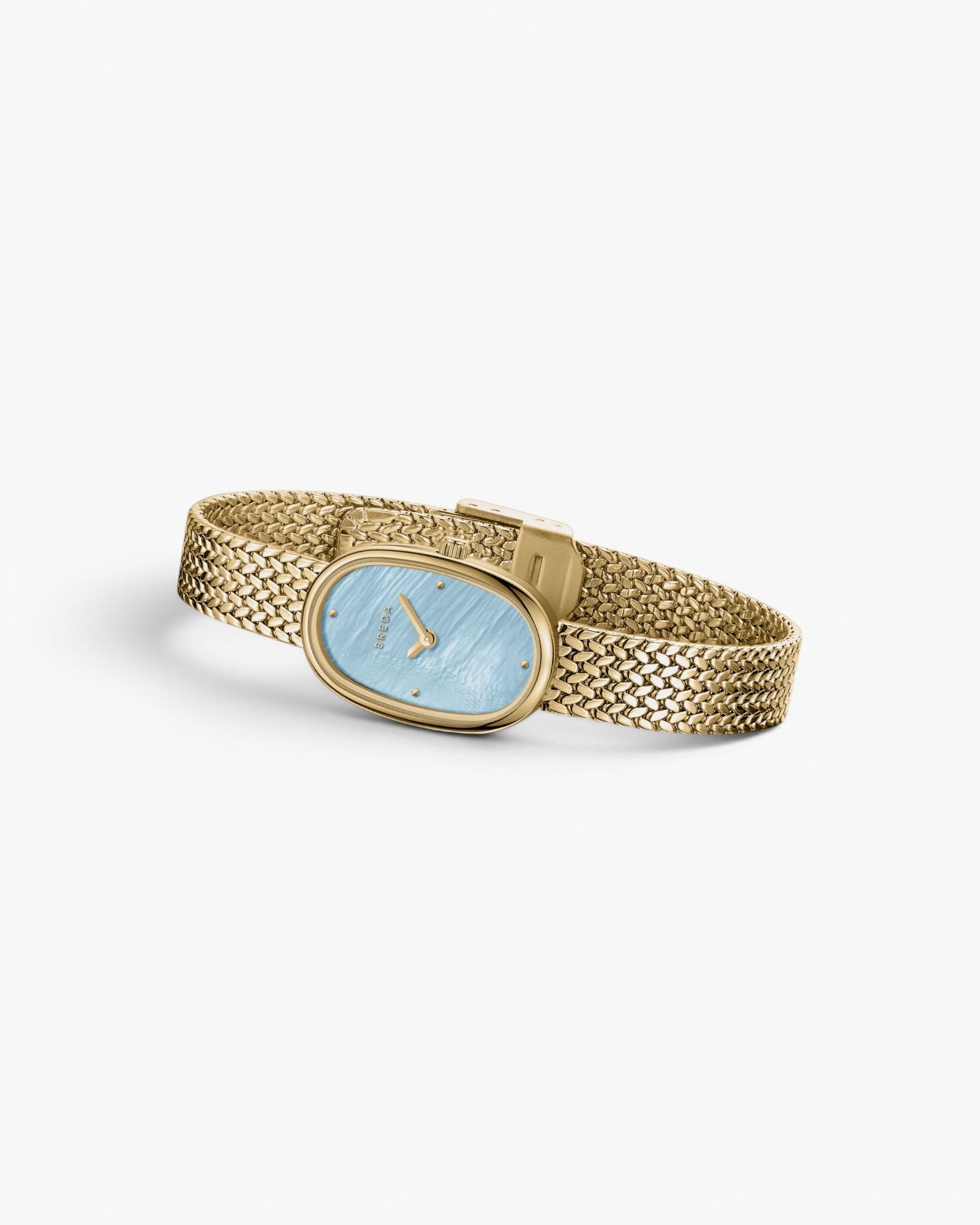 JONES + CO Jane Small watch with a gold woven mesh bracelet and an oval sky blue mother of pearl dial.