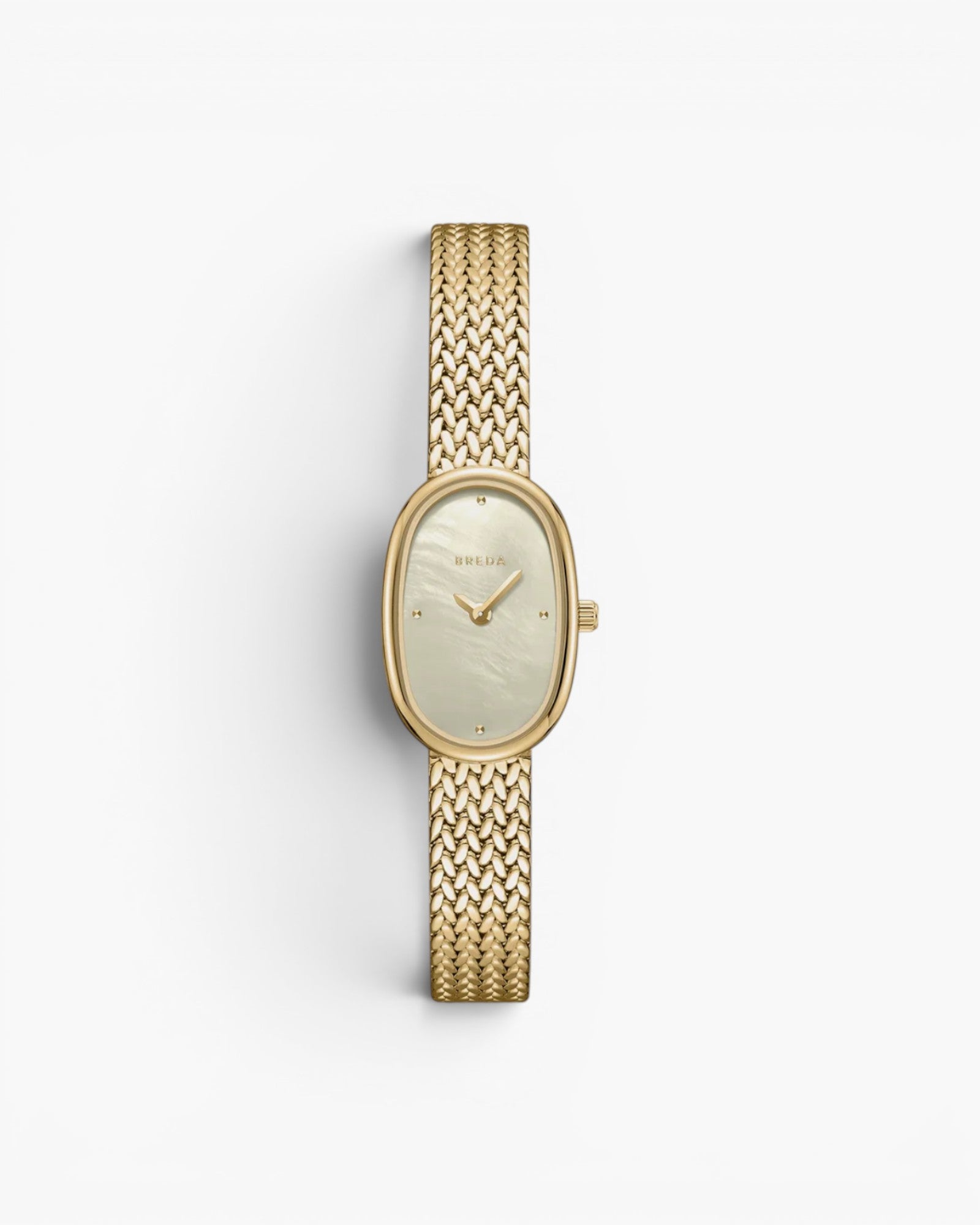 JONES + CO Jane Small watch with an 18mm gold oval case, champagne mother of pearl dial, and woven gold mesh bracelet.