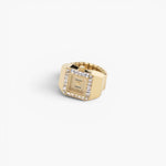 JONES + CO Breda x Dalmata gold-plated stainless steel ring watch with a crystal-encrusted square bezel.