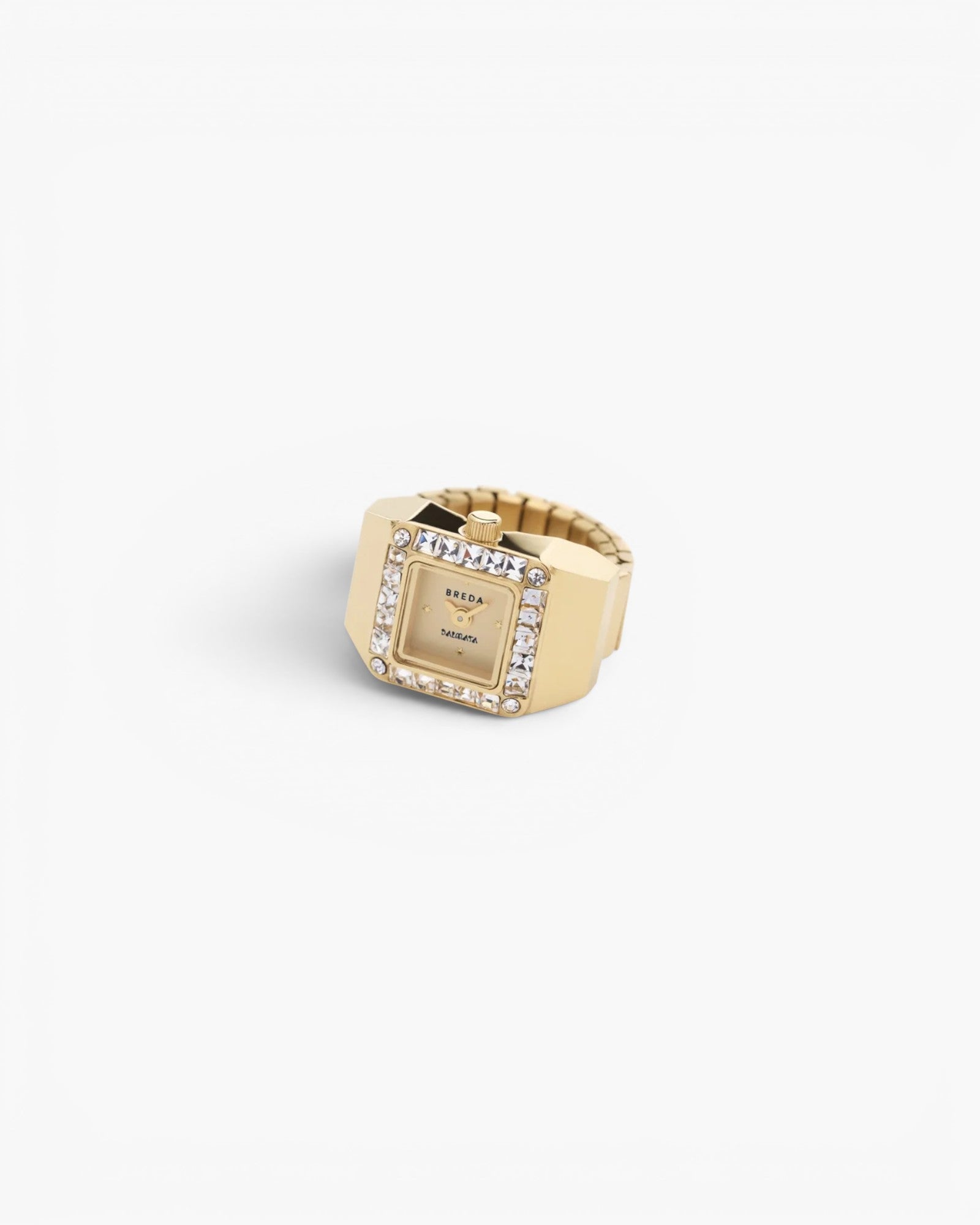 JONES + CO Breda x Dalmata gold-plated stainless steel ring watch with a crystal-encrusted square bezel.