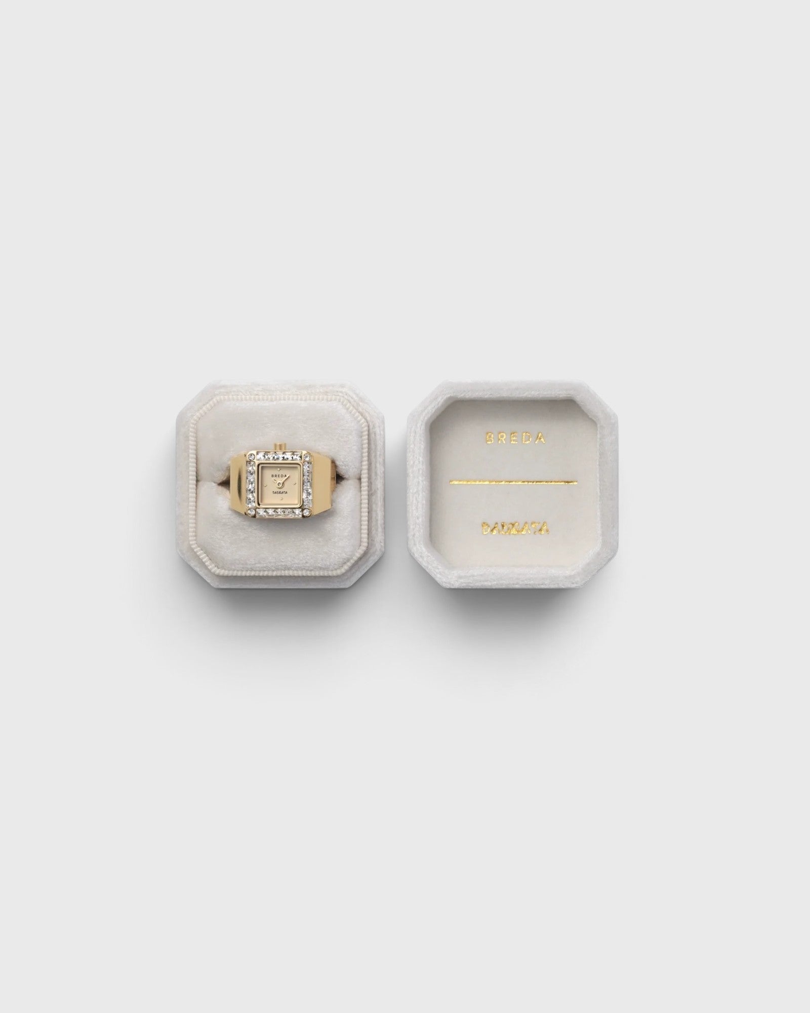 JONES + CO Breda x Dalmata gold-plated stainless steel square ring watch with crystal bezel in a velvet box