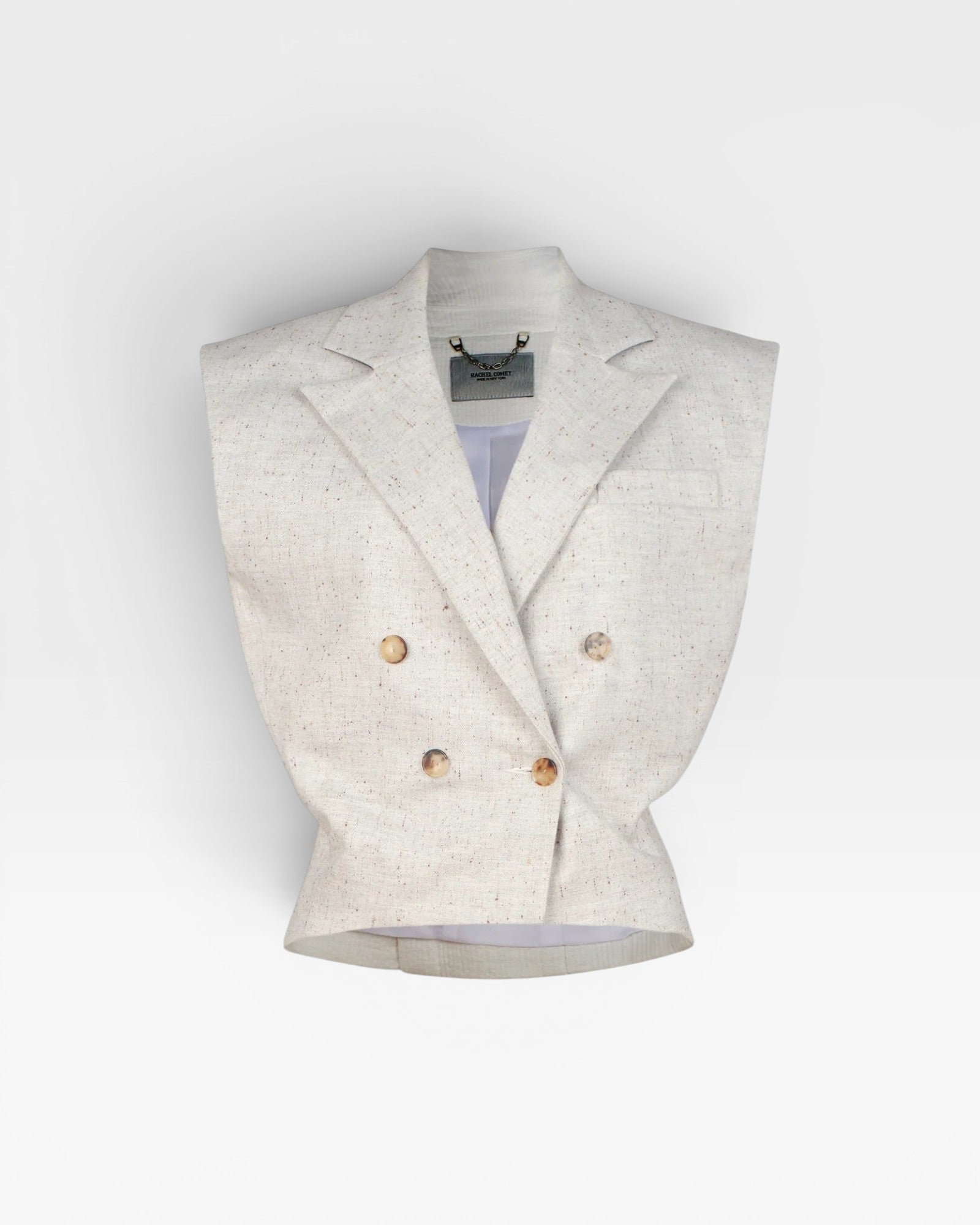 JONES + CO Comeau grey speckled double-breasted vest with peak lapels and horn-look buttons.