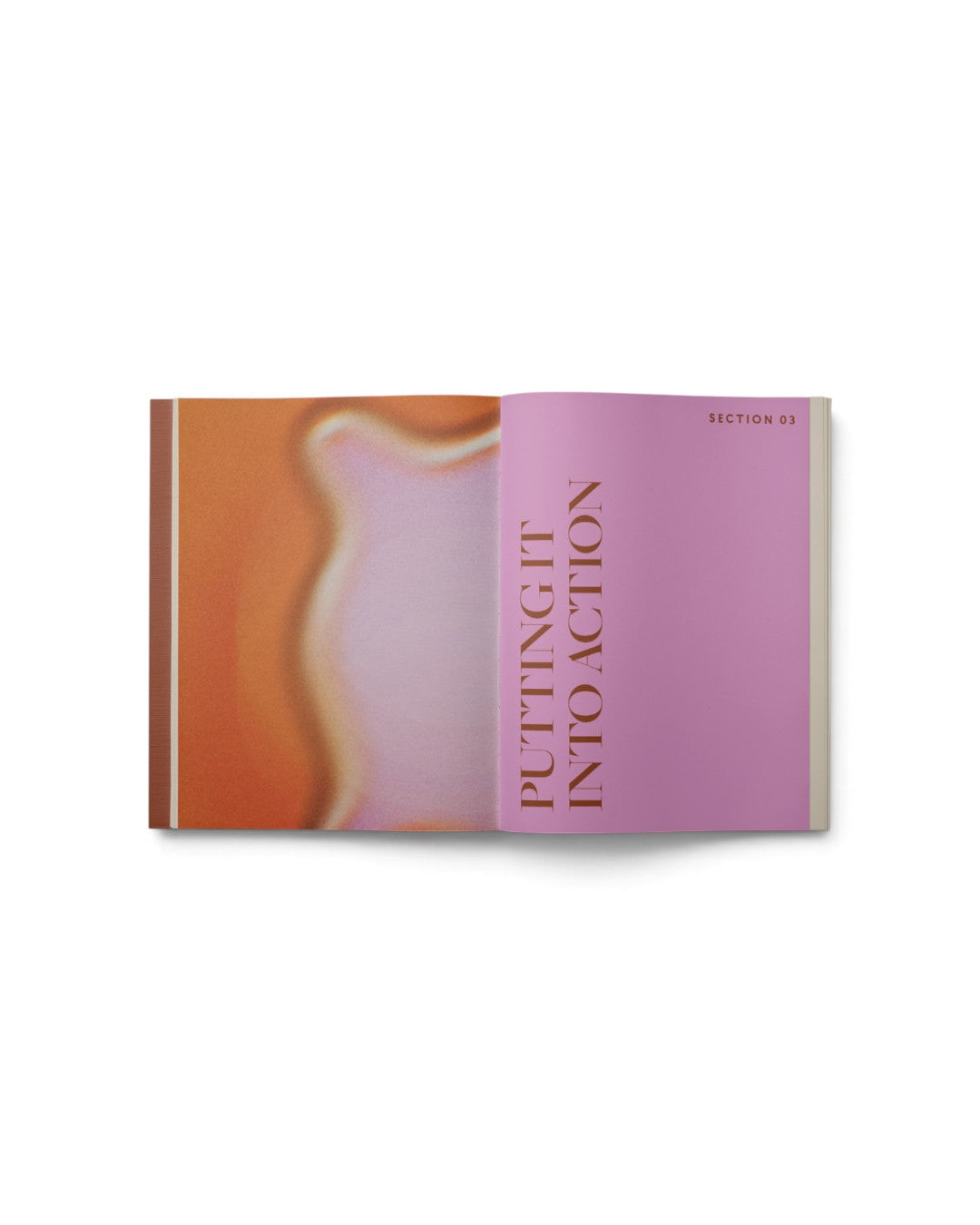JONES + CO Live Your Vision journal open to the Putting It Into Action section with pink and orange abstract pages.