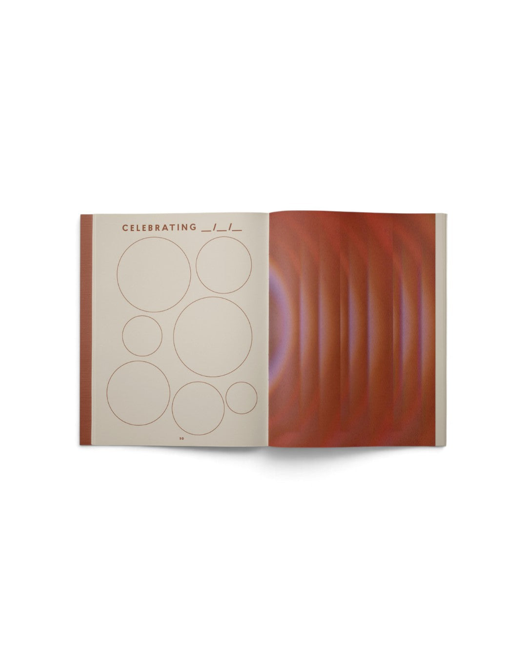 JONES + CO Live Your Vision journal open to a celebration page with circular prompts and abstract red gradient art.