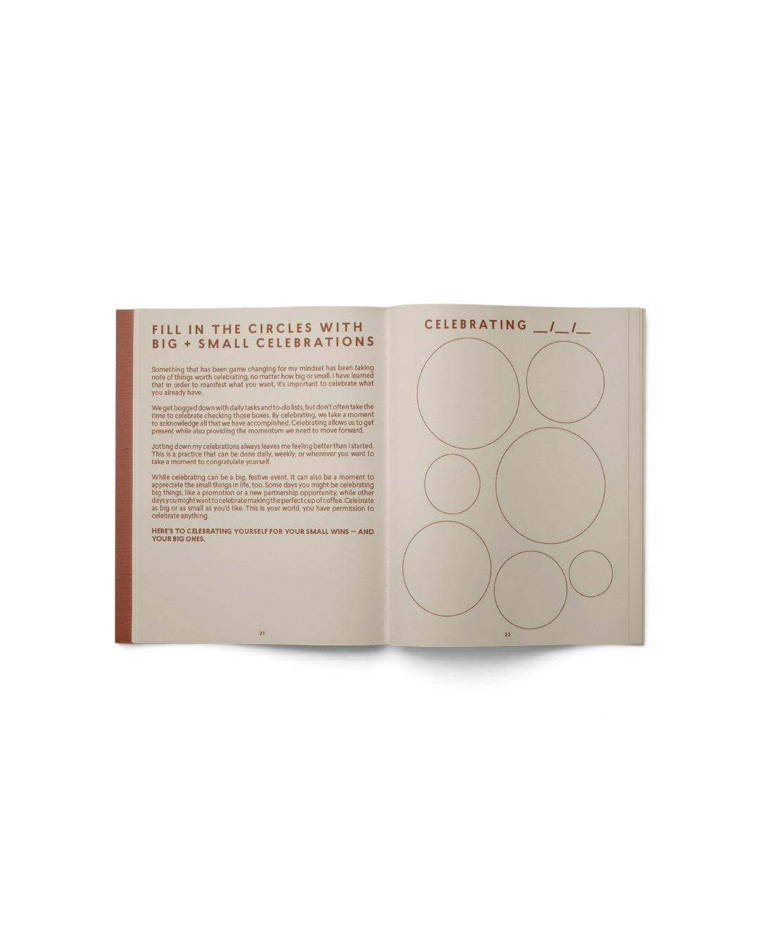 JONES + CO Live Your Vision journal open to the Celebrations section with blank circles for tracking personal wins.