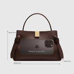 JONES + CO Gyoza Mini handbag in cognac suede with gold-tone hardware and dimensions shown for scale