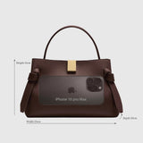 JONES + CO Gyoza Mini handbag in cognac suede with gold-tone hardware and dimensions shown for scale