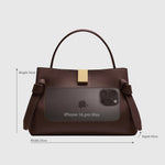 JONES + CO Gyoza Mini handbag in cognac suede with gold-tone hardware and dimensions shown for scale
