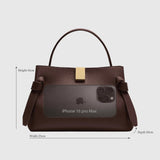 JONES + CO Gyoza Mini handbag in cognac suede with gold-tone hardware and dimensions shown for scale