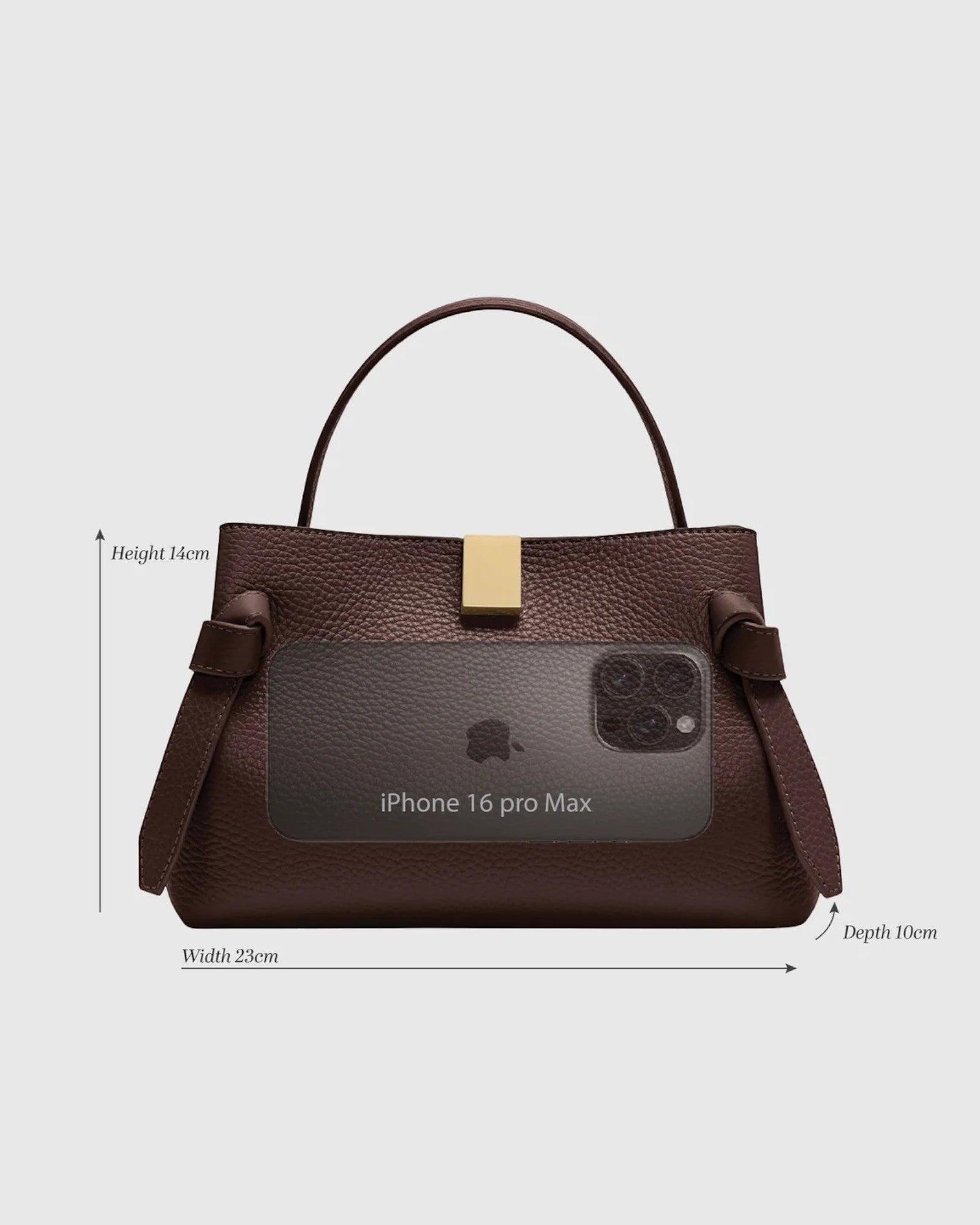 JONES + CO Gyoza Mini handbag in cognac suede with gold-tone hardware and dimensions shown for scale