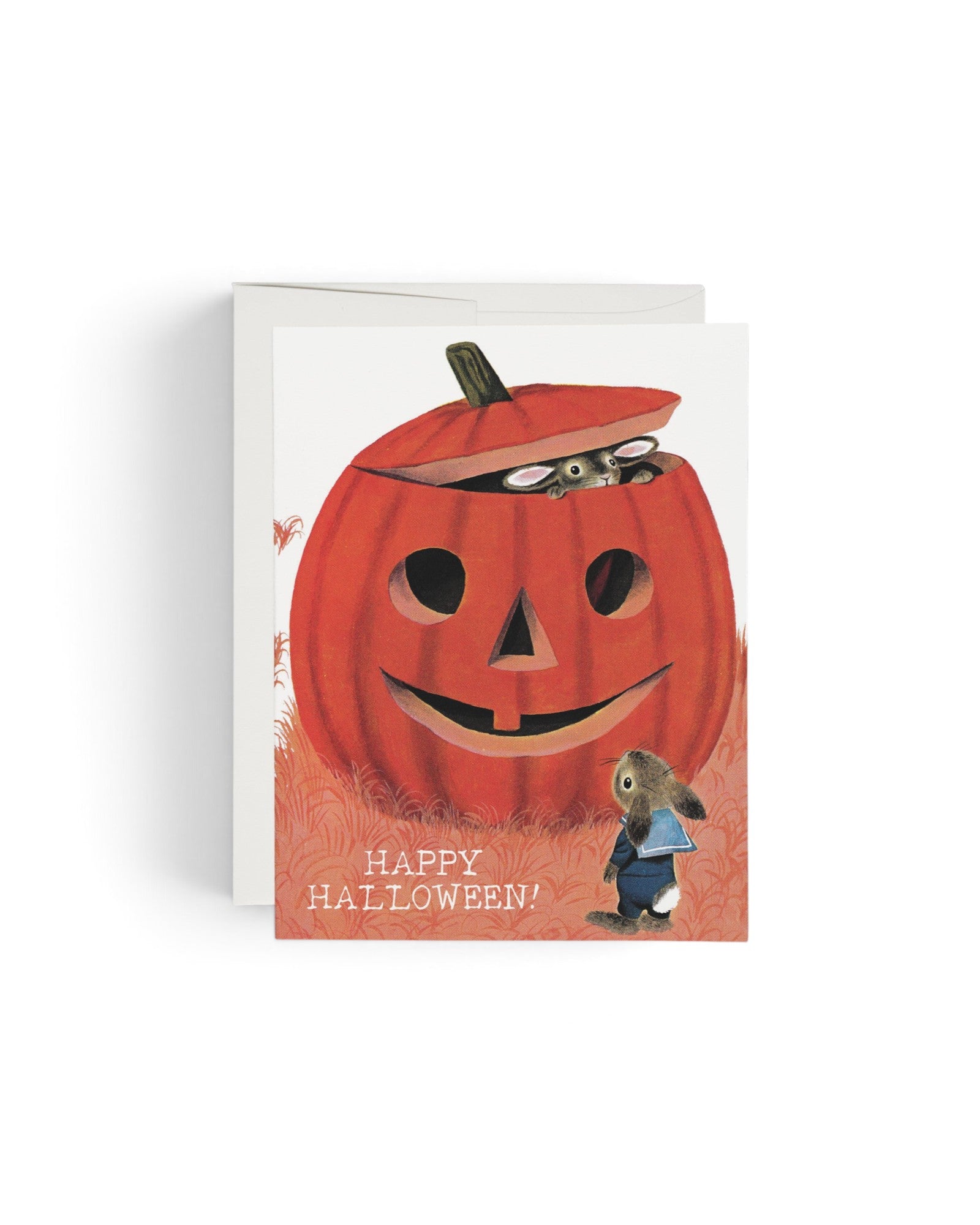 JONES + CO Halloween greeting card featuring a Richard Scarry illustration of a rabbit peeking out of a pumpkin.