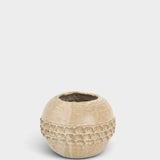 JONES + CO handthrown ceramic vase in a neutral beige tone with a textured, dimpled band around the center.