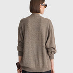 JONES + CO hazelnut cashmere-silk cardigan with drop shoulders and ribbed trim, viewed from the back on a model