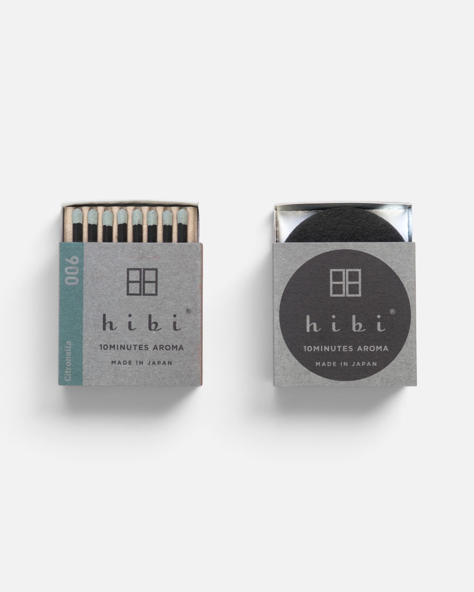JONES + CO Hibi citronella incense matches in a grey box with a striking surface, featuring a lemony, grassy scent.