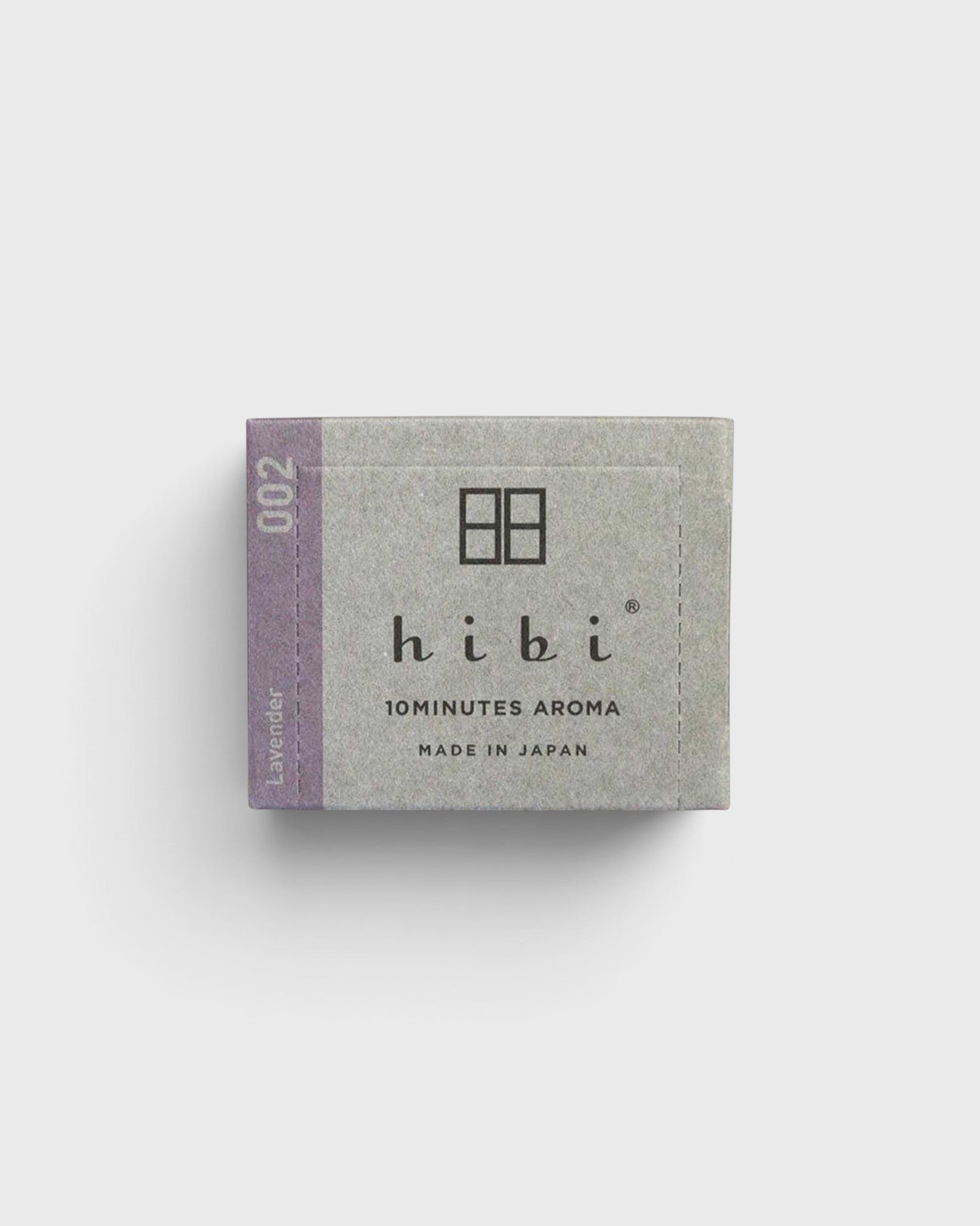 JONES + CO Hibi lavender incense matches box featuring minimalist grey packaging with purple accent label