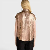 Back view of JONES + CO Hildra sleeveless blouse in metallic bronze laminated fabric with a shawl collar.