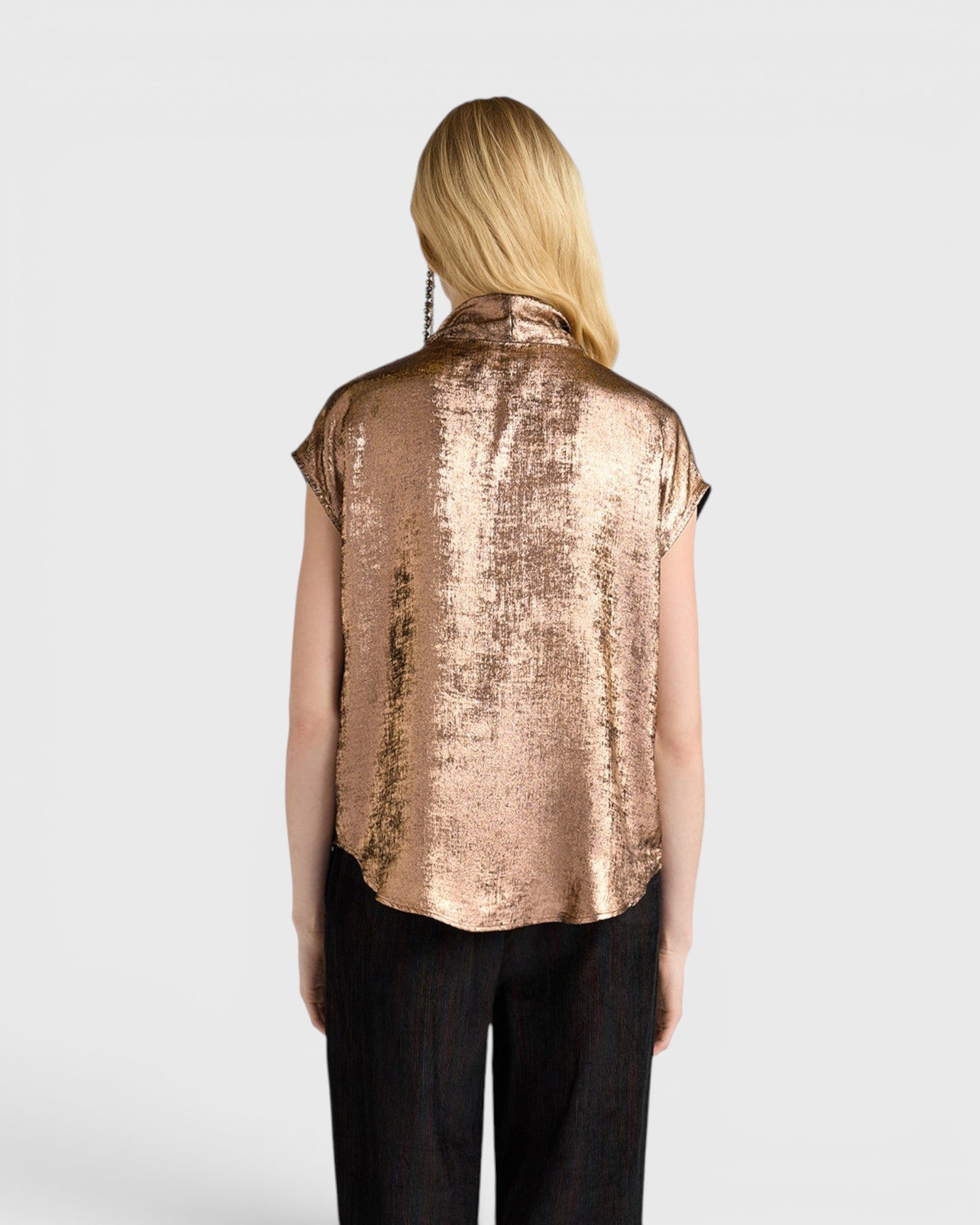 Back view of JONES + CO Hildra sleeveless blouse in metallic bronze laminated fabric with a shawl collar.