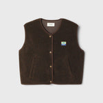JONES + CO Hoktown sleeveless shearling jacket in chestnut tree melange brown with snap button closure