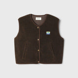 JONES + CO Hoktown sleeveless shearling jacket in chestnut tree melange brown with snap button closure