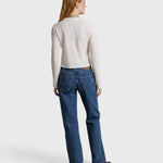JONES + CO Jamie long-sleeve recycled cotton tee in whitecap grey, shown from the back on a model with blue jeans.