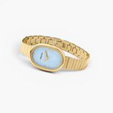 JONES + CO Jane watch featuring a 23mm oval gold case, sky blue mother-of-pearl dial, and gold-plated link bracelet.